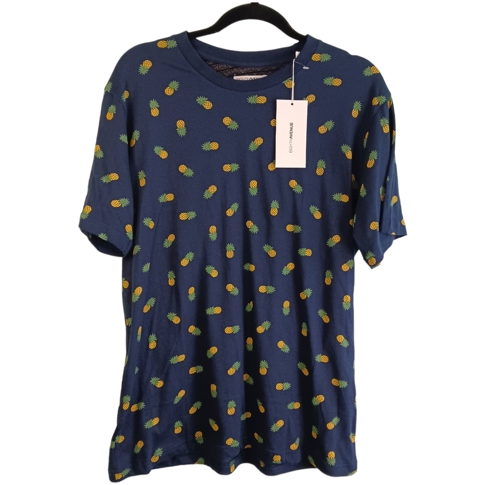 Size Medium Eight Avenue Mens Tee Shirt NWT Dark Blue Pineapple Print Cotton